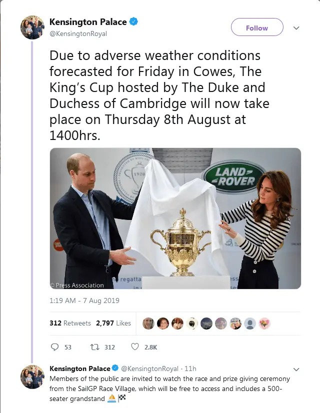 Due to adverse weather conditions forecasted for Friday in Cowes, The King’s Cup hosted by The Duke and Duchess of Cambridge will now take place on Thursday 8th August